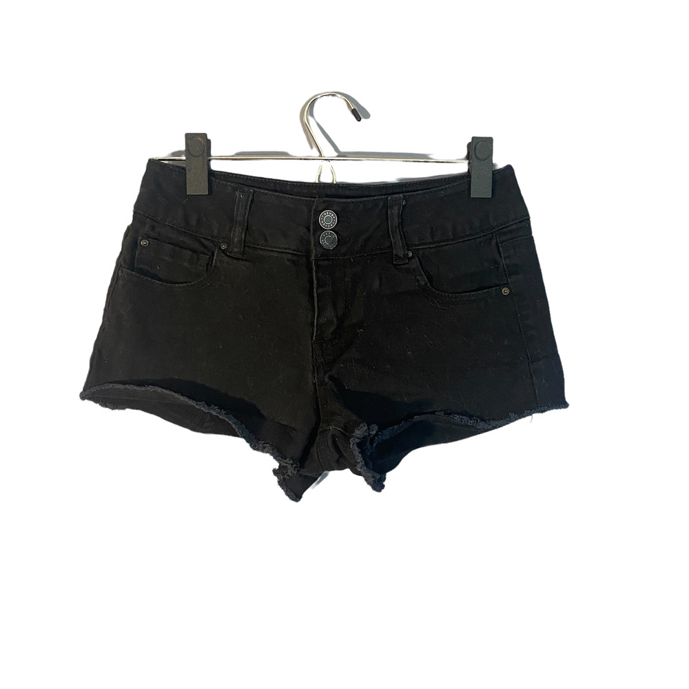 Refuge Black Fringe Trim Raw Hem Double Button Denim Jean Shorts Women Sz 2